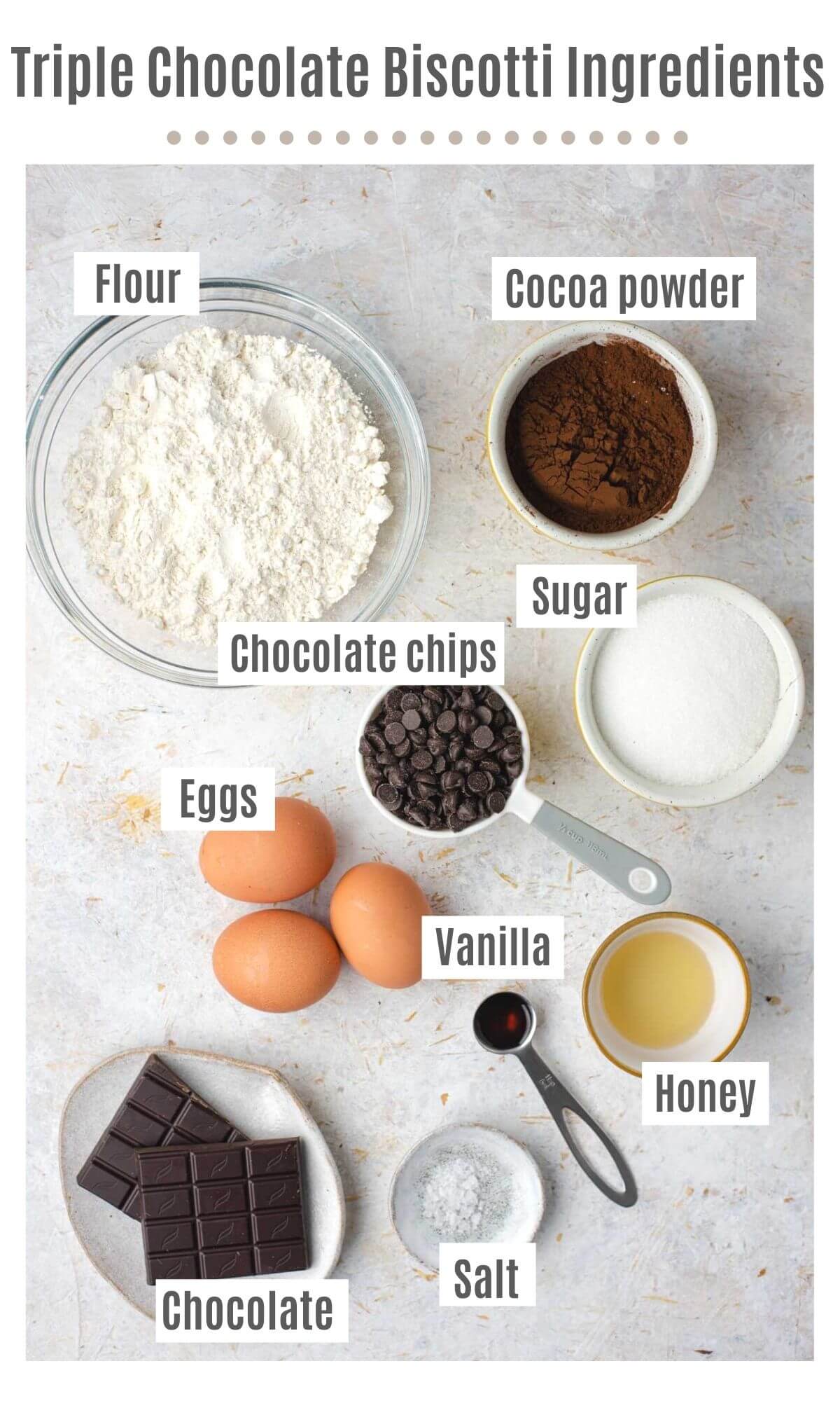An overhead shot of all the ingredients you need to make chocolate biscotti