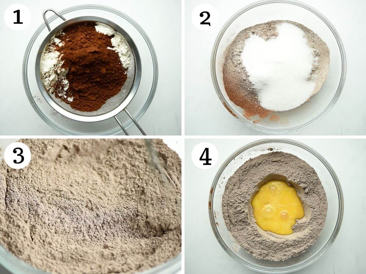 Step by step photos showing how to mix chocolate biscotti dough