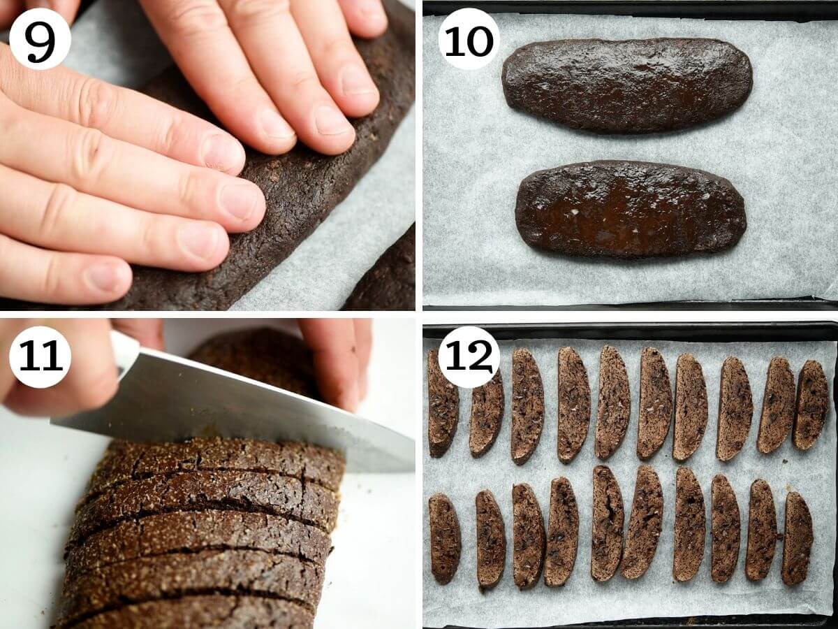 Step by step photos showing how to bake and cut biscotti