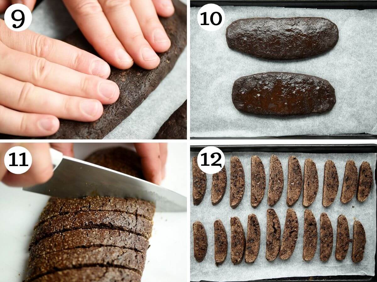 Step by step photos showing how to bake and cut biscotti