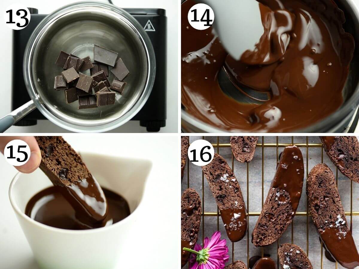 Step by step photos showing how to dunk chocolate biscotti in melted chocolate