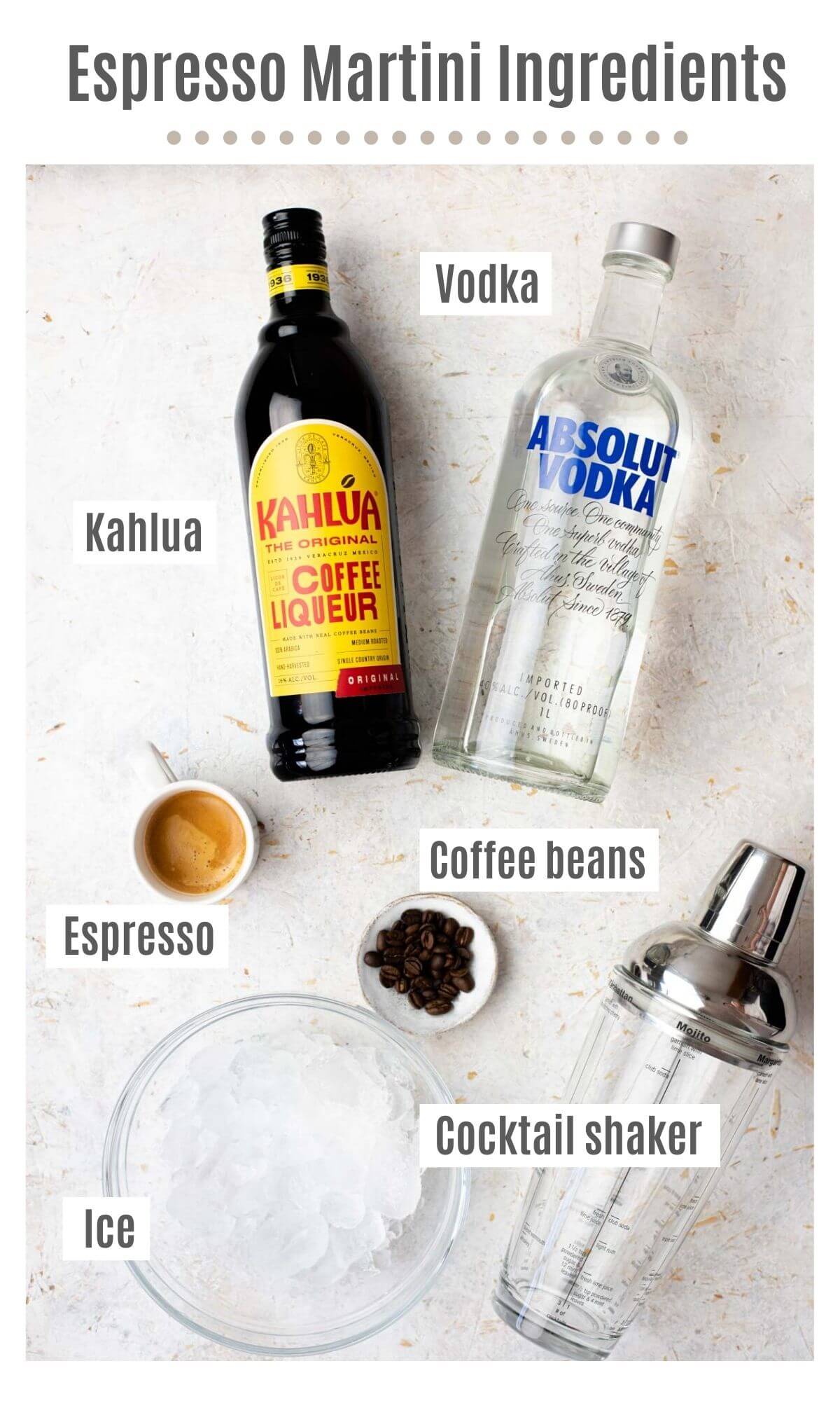An overhead shot of all the ingredients you need to make an espresso martini
