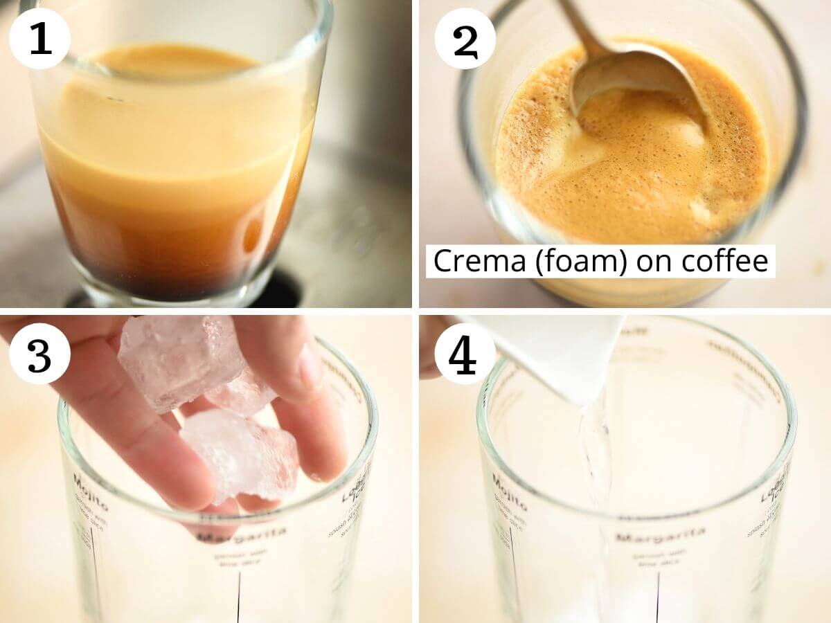 Step by step photos showing how to brew a coffee for a foamy espresso martini