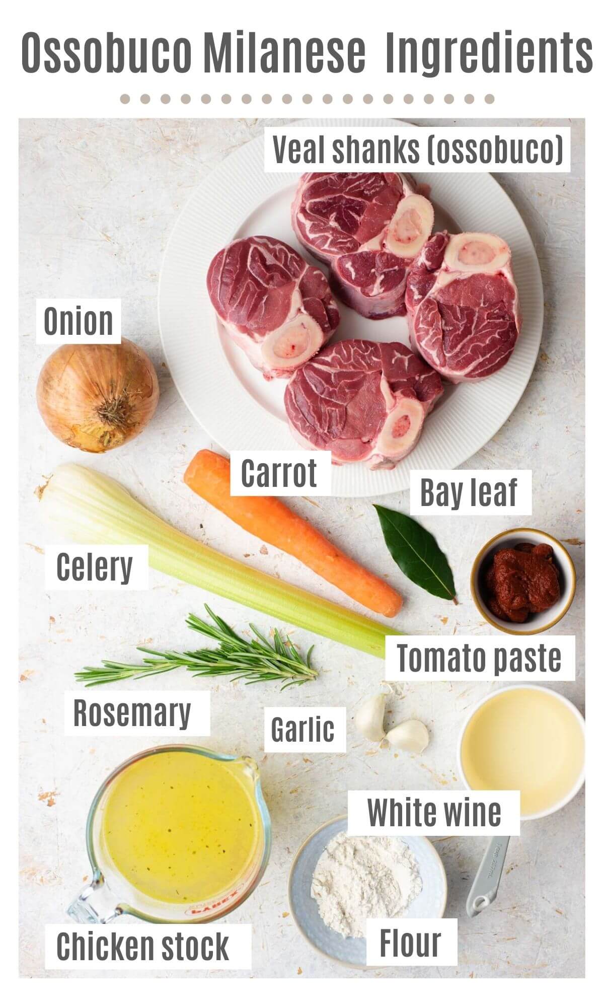 An overhead shot of all the ingredients you need to make Ossobuco Milanese with veal