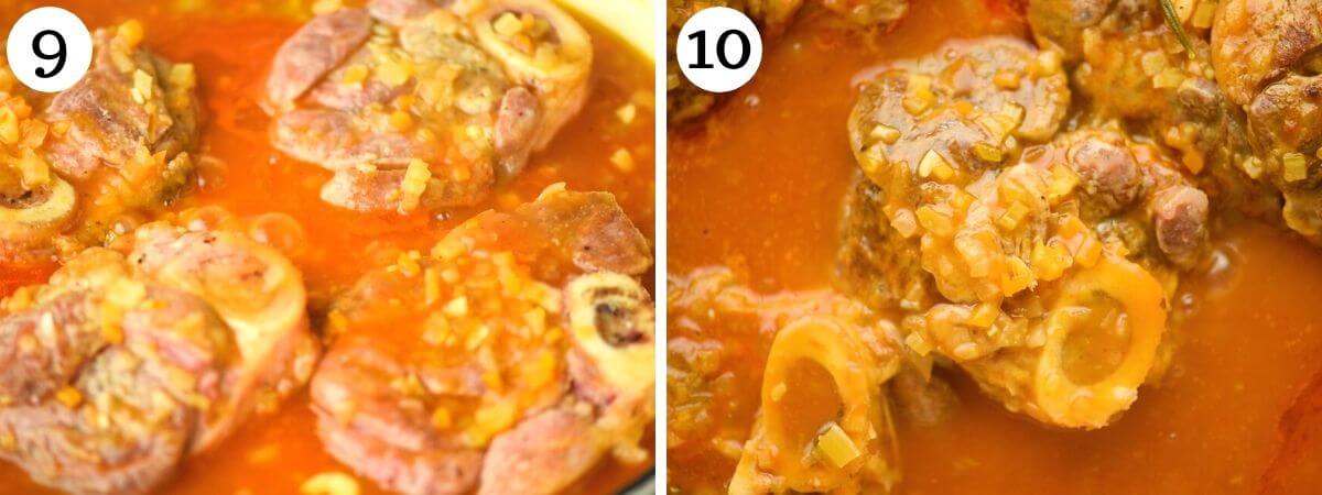 two photos showing before and after reducing the ossobuco sauce