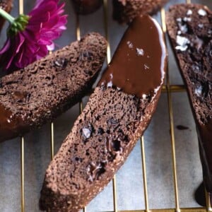 A close up of chocolate biscotti