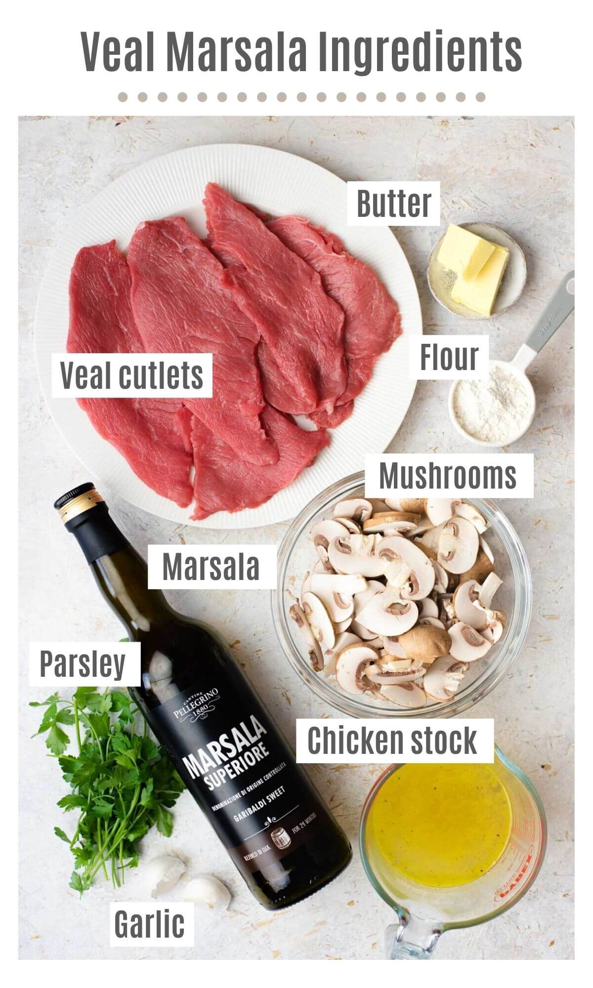 An overhead shot of all the ingredients you need to make veal marsala