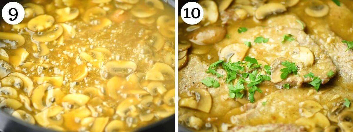 Two photos showing how to thicken the veal marsala sauce