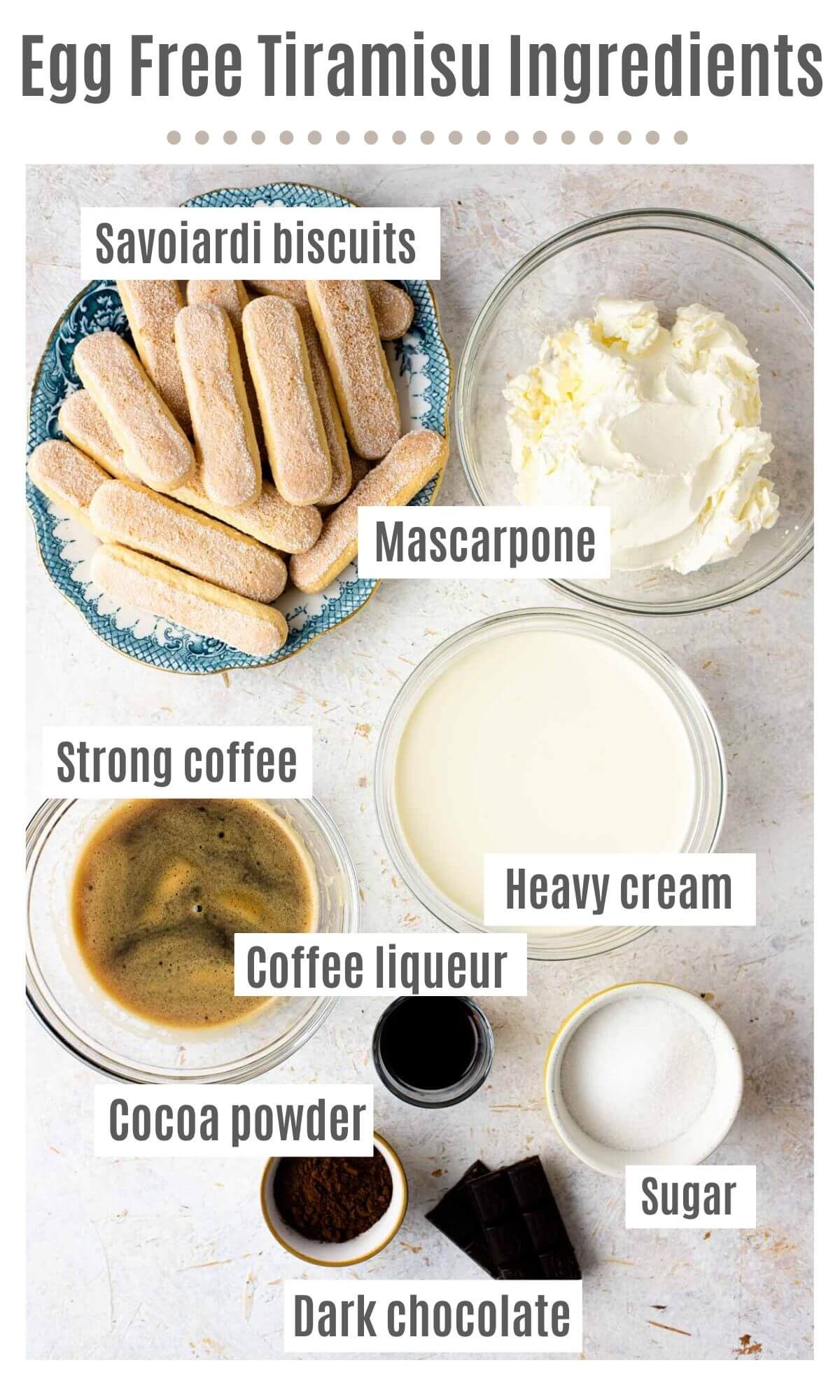 An overhead shot of all the ingredients you need to make egg free tiramisu