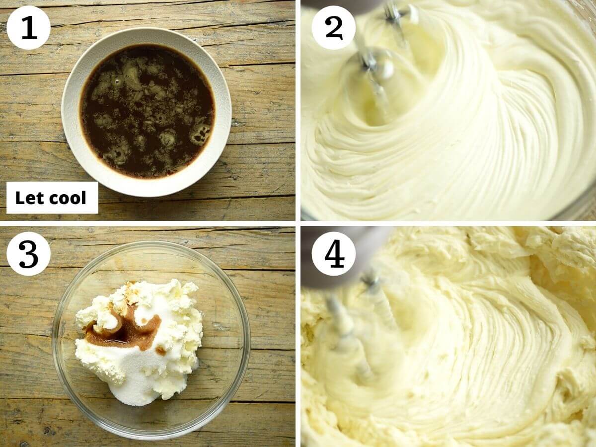 Step by step photos showing how to make the filling for tiramisu