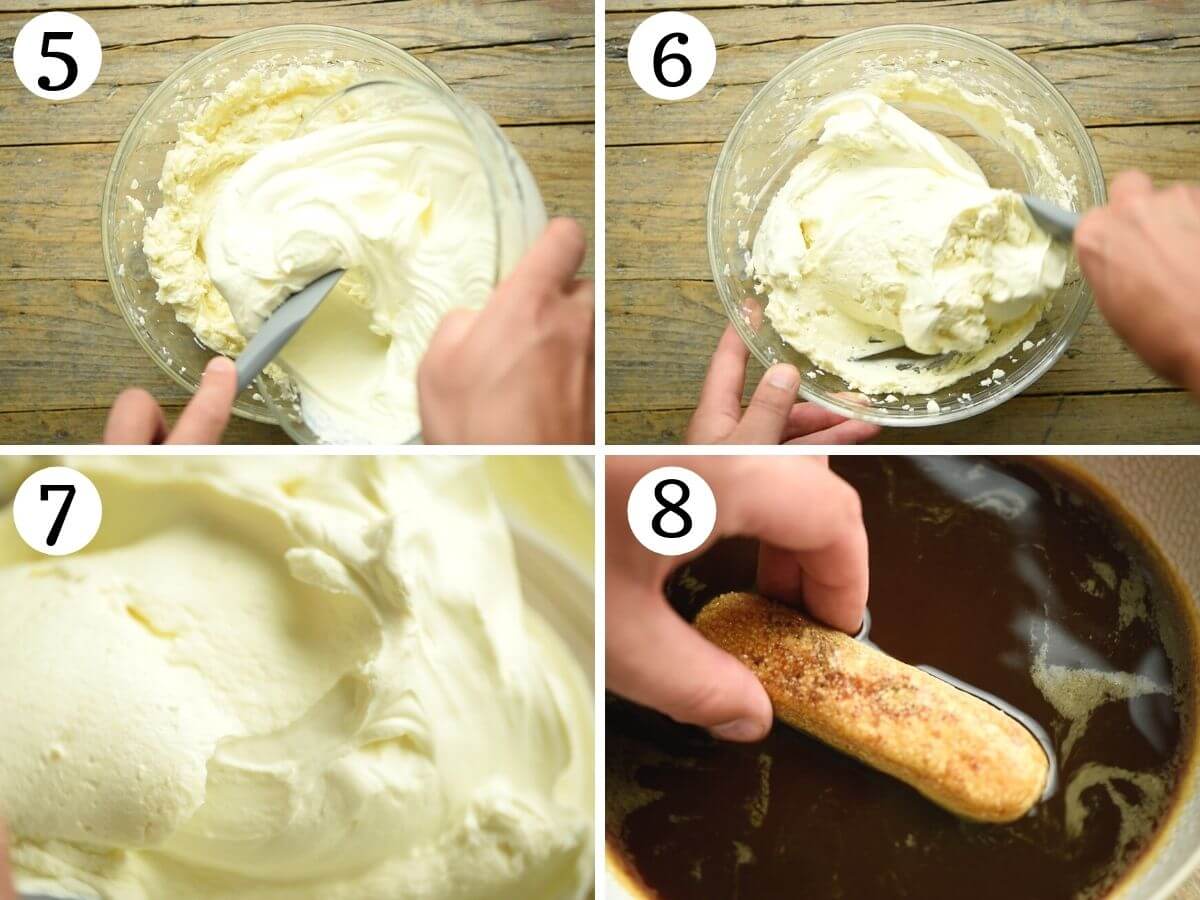 Step by step photos showing how to prepare tiramisu without eggs