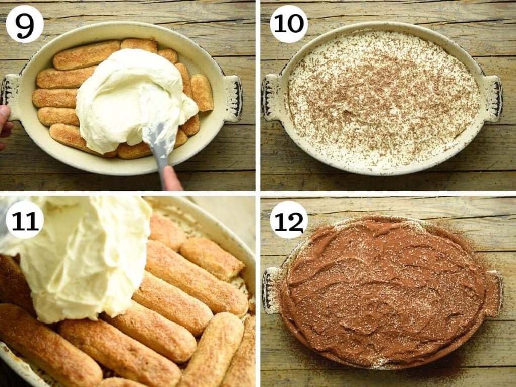 Step by step photos showing how to assemble tiramisu