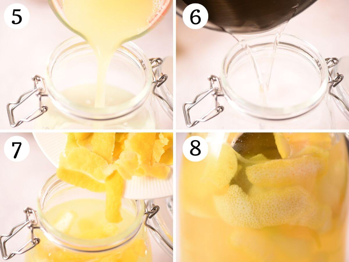 Four photos in a collage showing how to make limoncello.