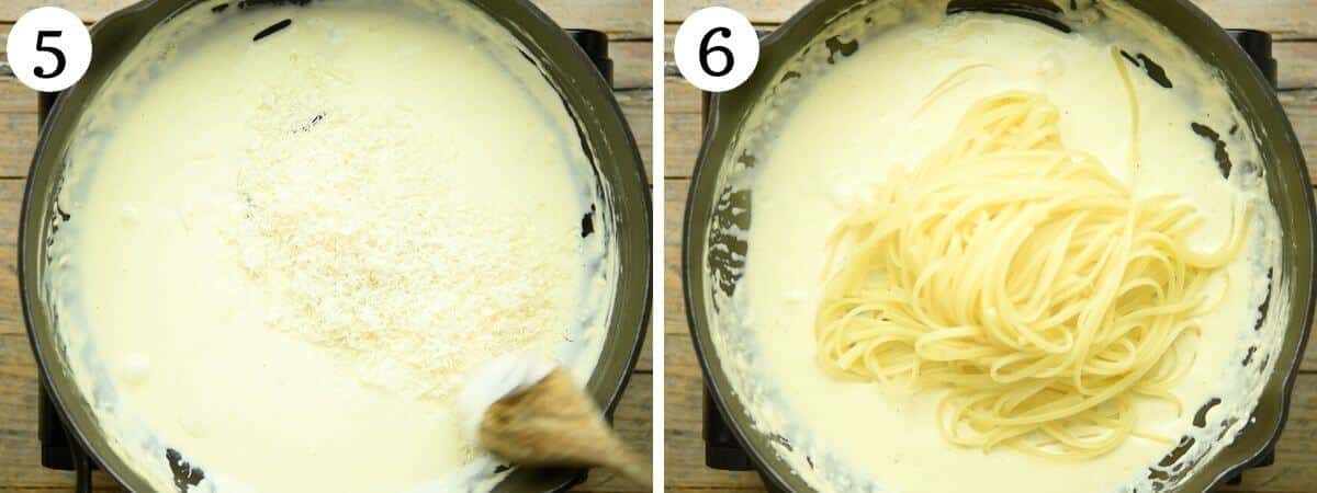 Step by step photos showing how to add pasta to creamy lemon pasta sauce