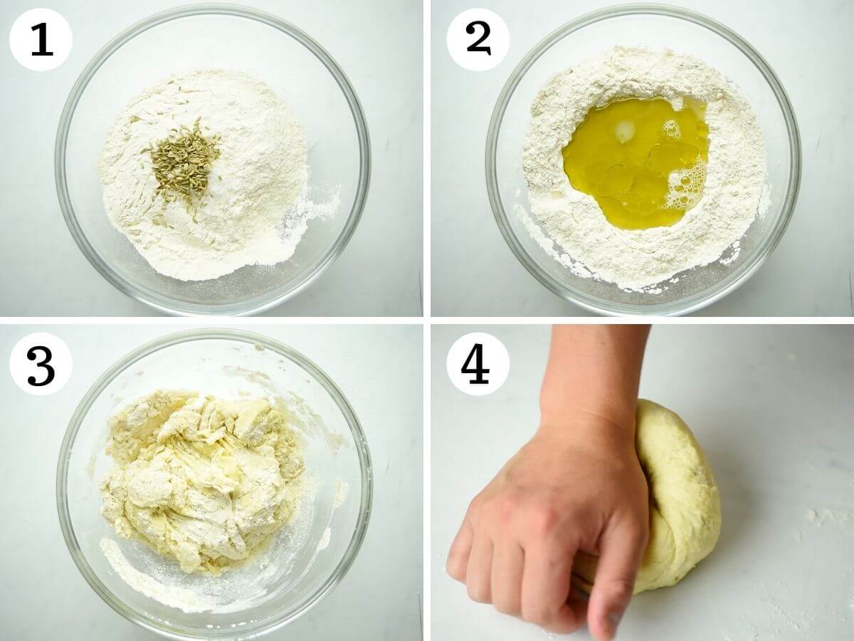Step by step photos showing how to make taralli dough