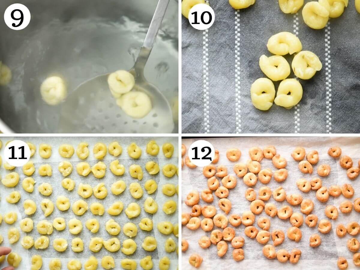 Step by step photos showing how to boil and bake taralli
