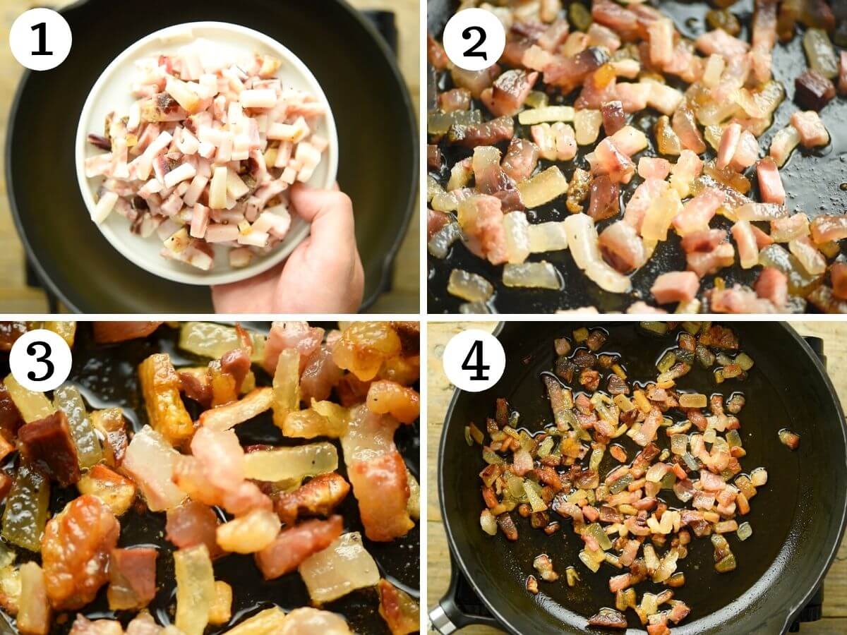 Step by step photos showing how to fry guanciale