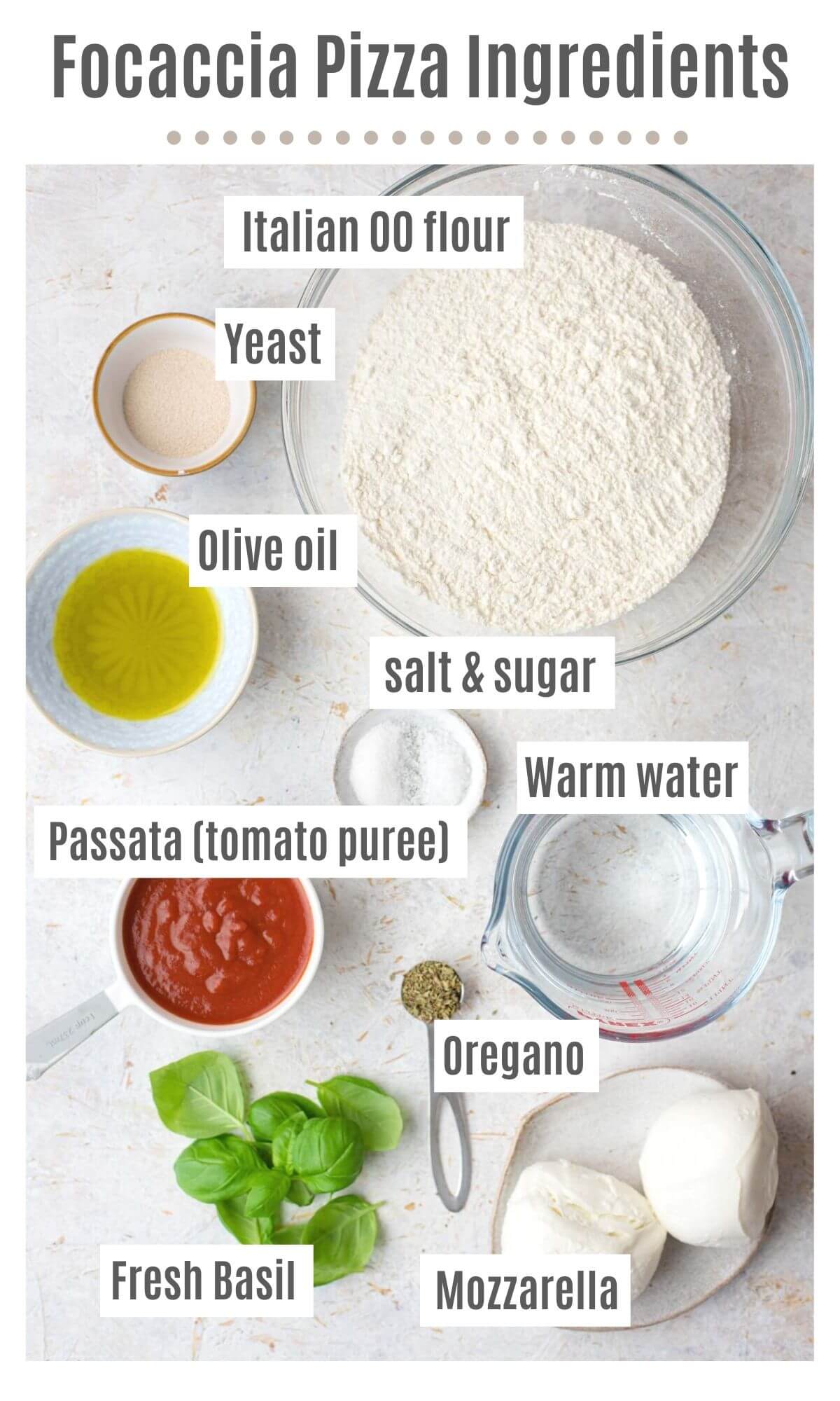 An overhead shot of all the ingredients you need to make focaccia pizza