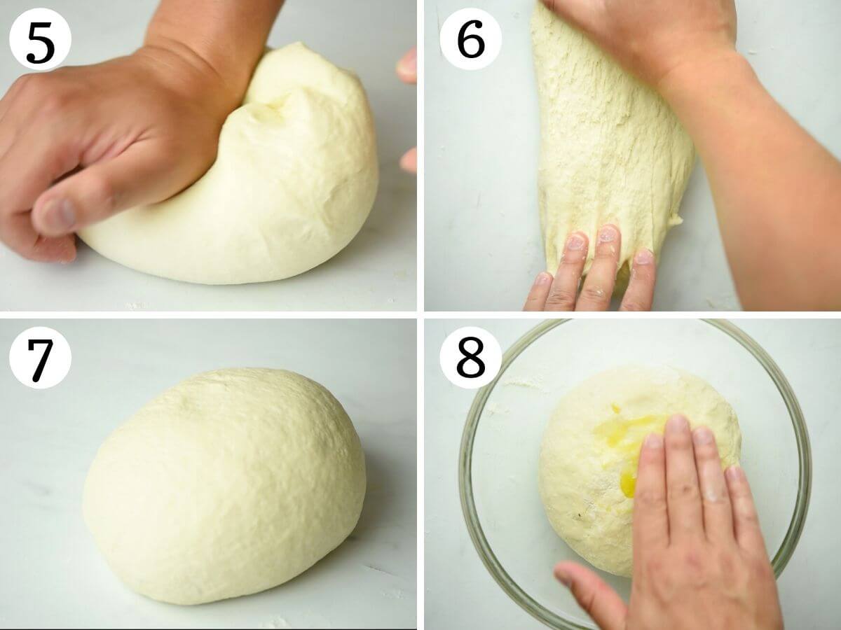 Step by step photos showing how to knead focaccia dough