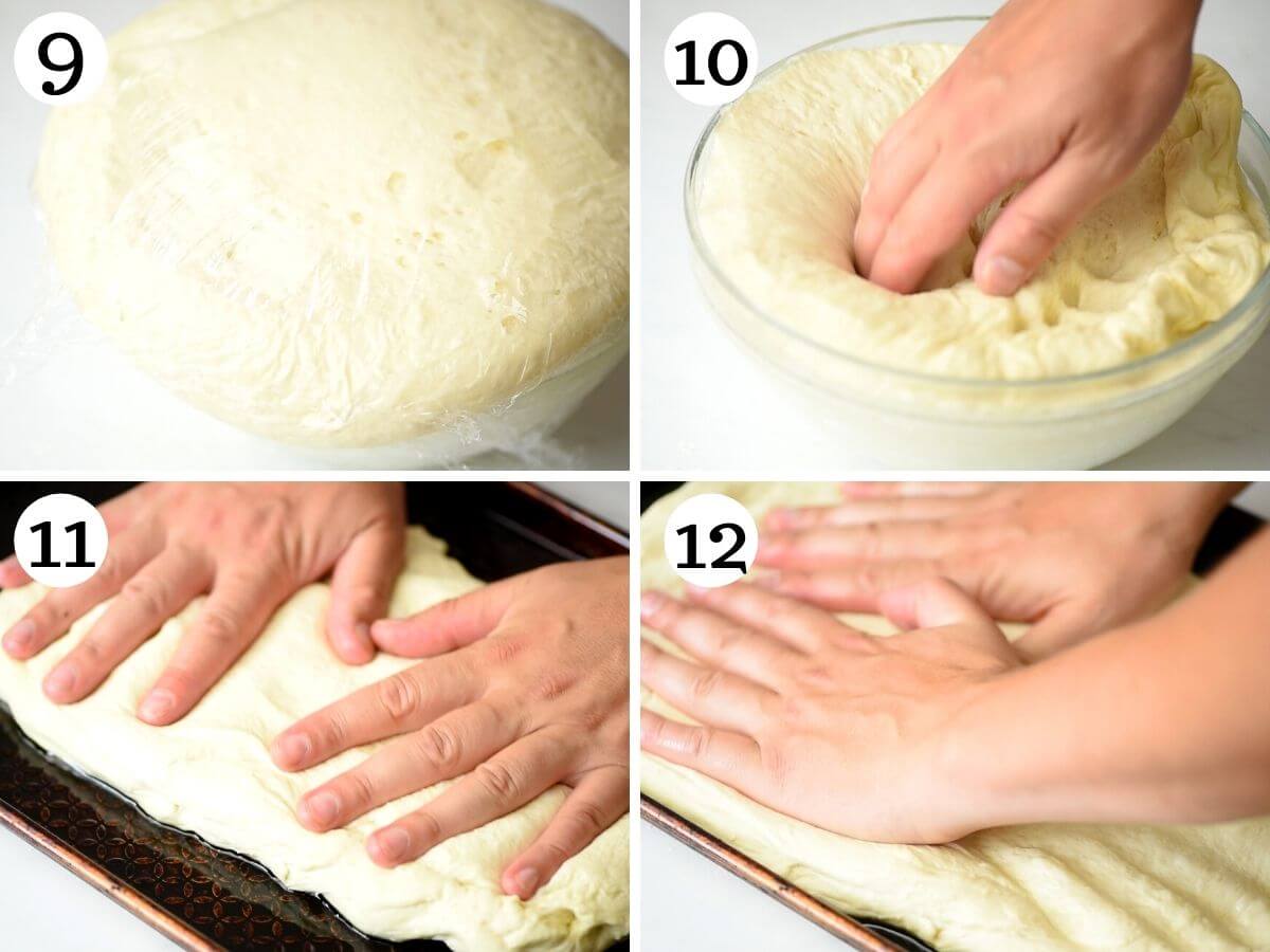 Step by step photos showing how to assemble a focaccia pizza