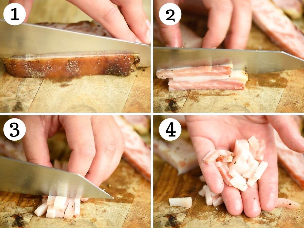 Step by step photos showing how to cut guanciale