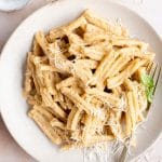 An overhead shot of pasta with pesto alla trapanese