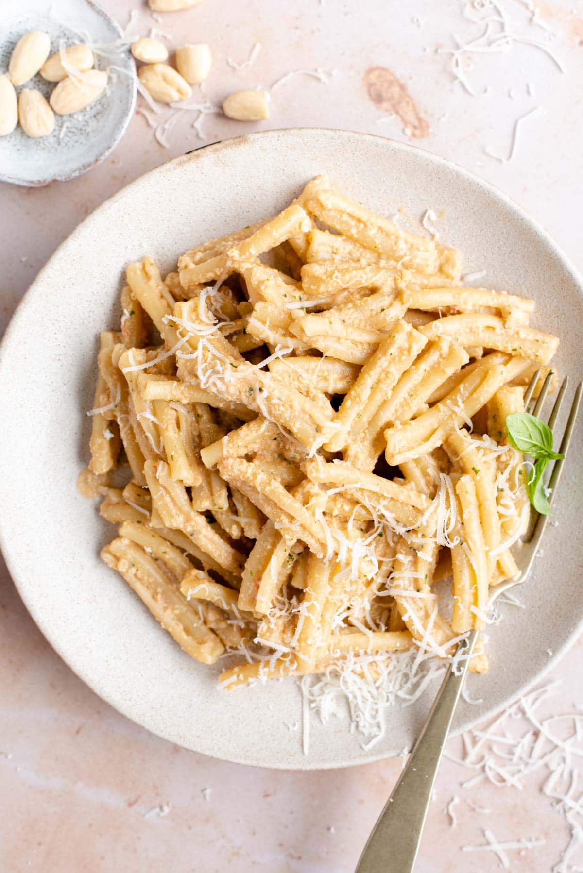 An overhead shot of pasta with pesto alla trapanese