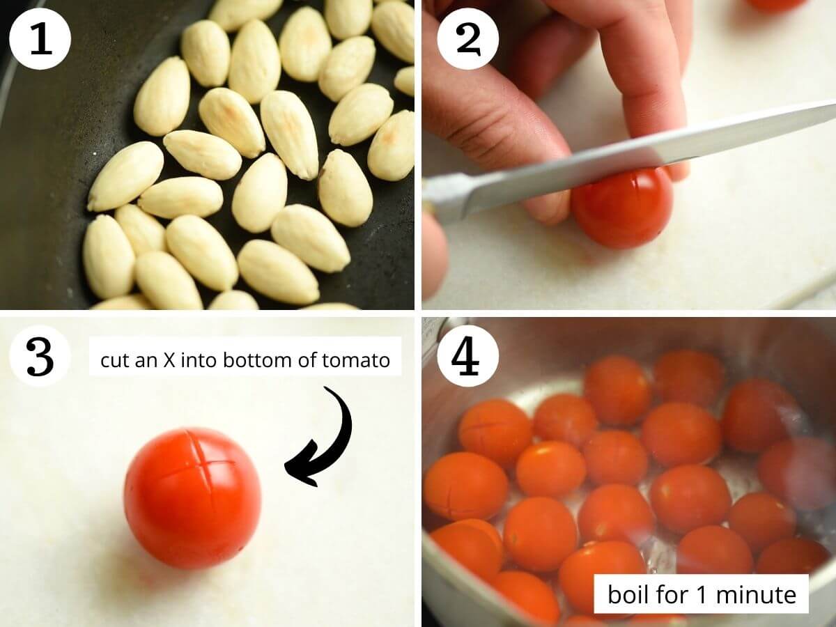 Step by step photos showing how to prepare tomatoes and almonds to make Sicilian pesto