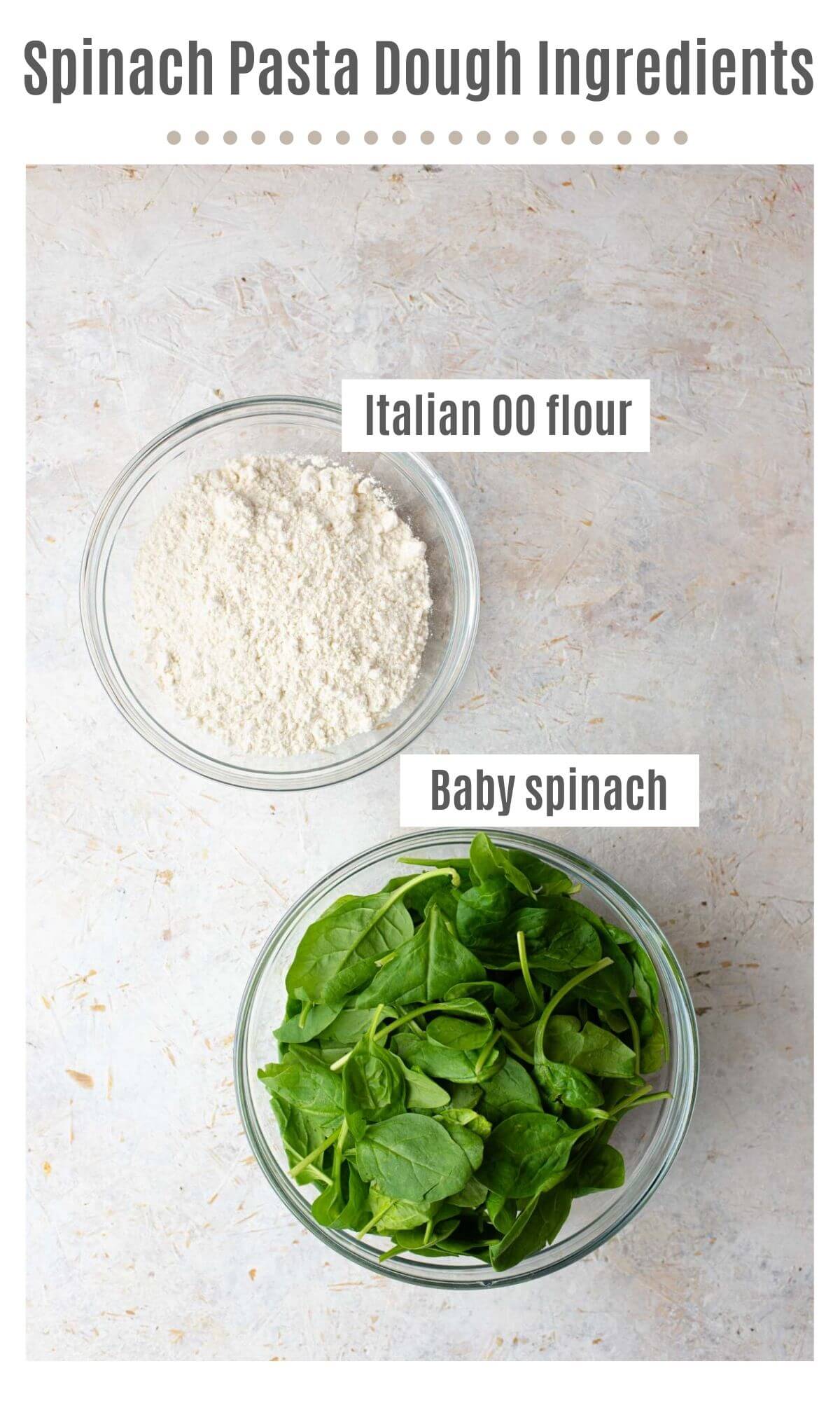 An overhead shot of all the ingredients you need to make spinach pasta dough