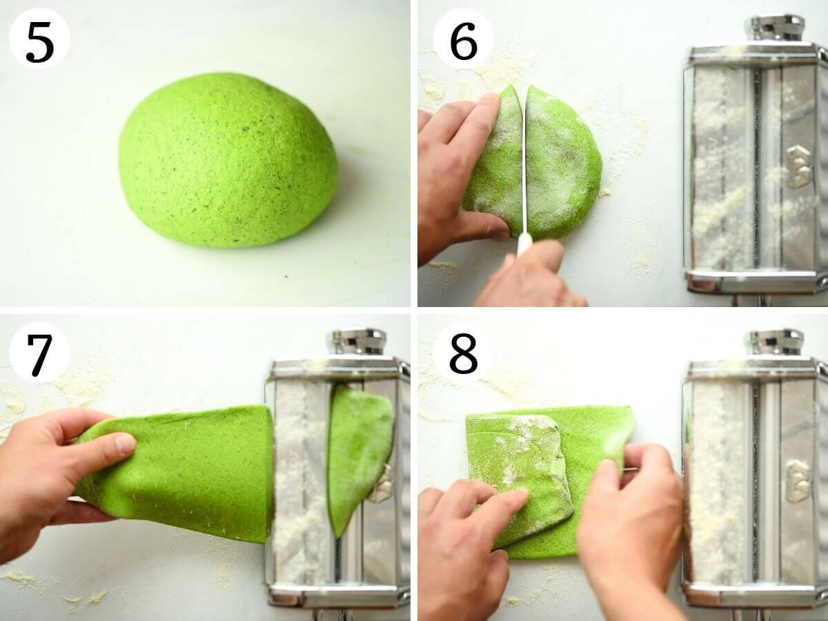 Step by step photos showing how to knead pasta dough and get it ready for rolling