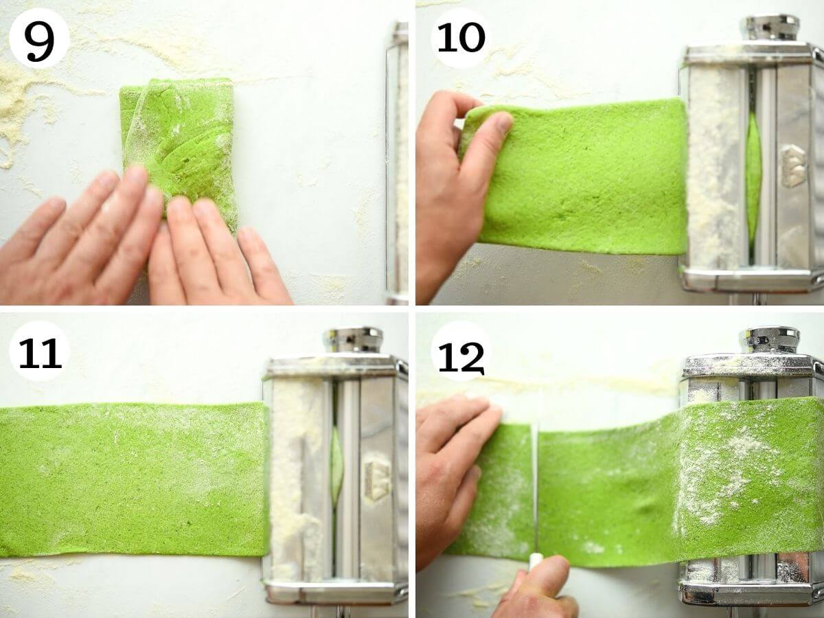 Step by step photos showing how to make spinach pasta dough in a pasta machine