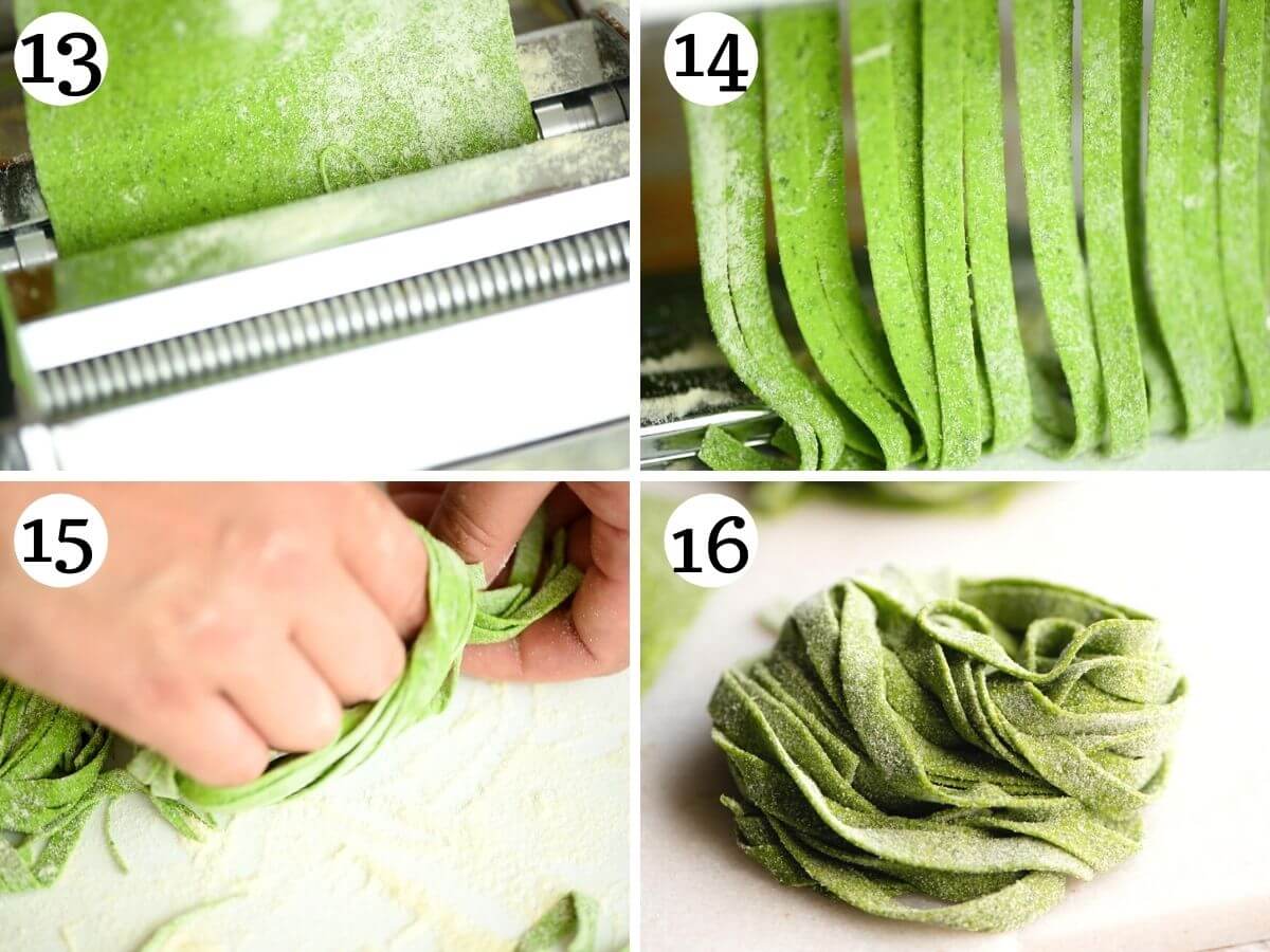 Step by step photos showing how to make spinach pasta tagliatelle