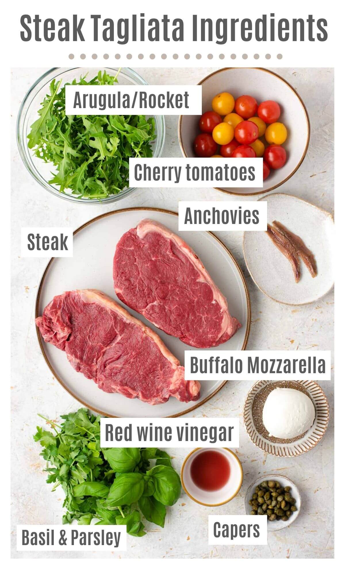 An overhead of all the ingredients you need to make steak tagliata