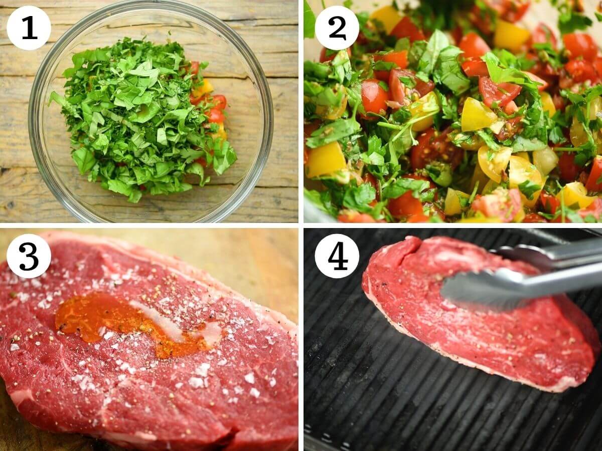 Step by step photos showing how to make tomato salad and prepare steak