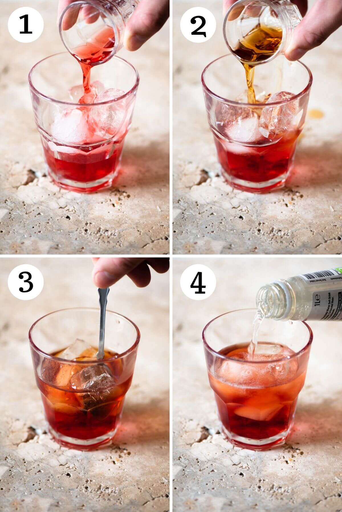 Step by step photos showing how to make an Americano cocktail