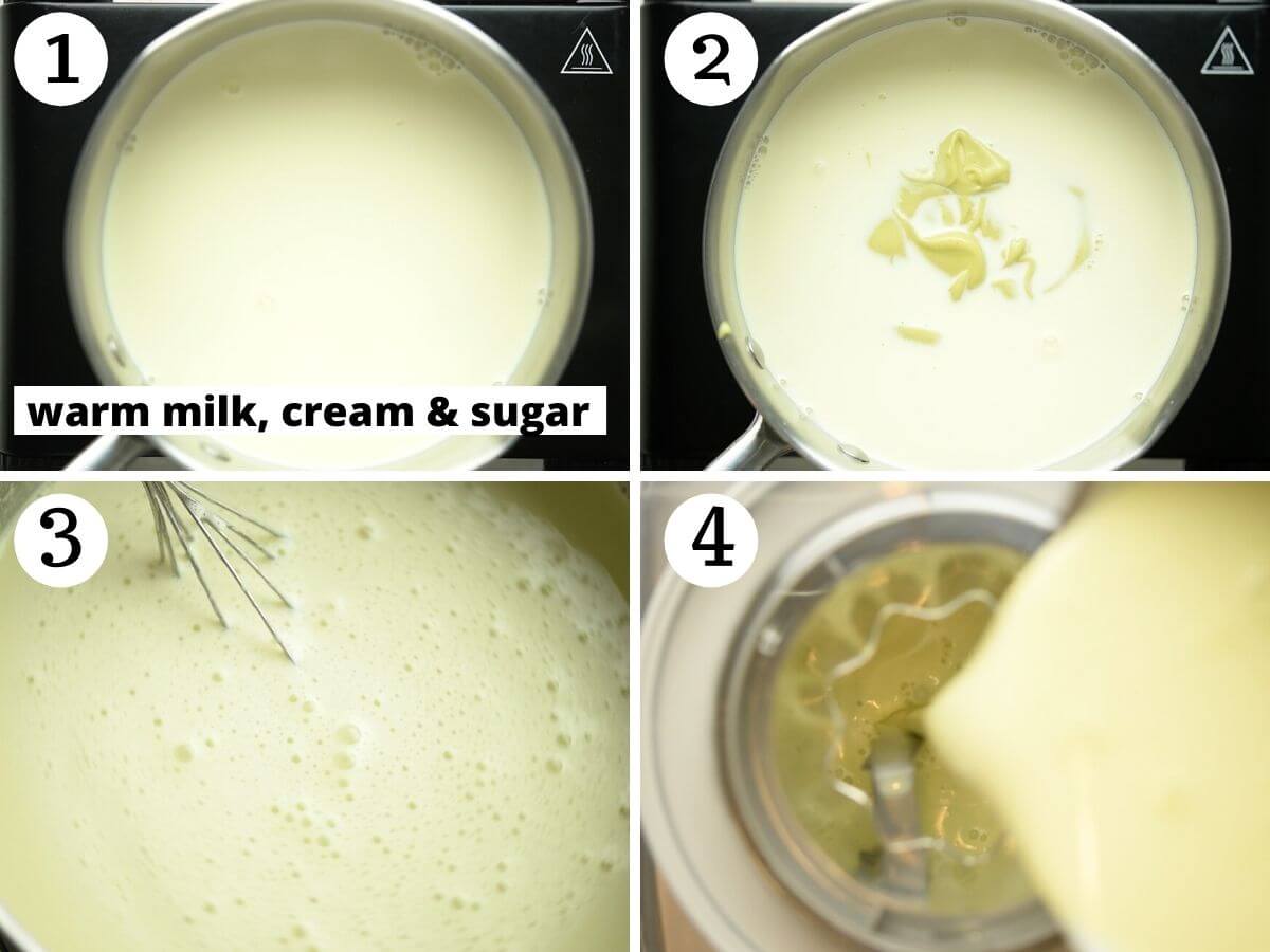 Step by step photos showing how to make pistachio ice cream