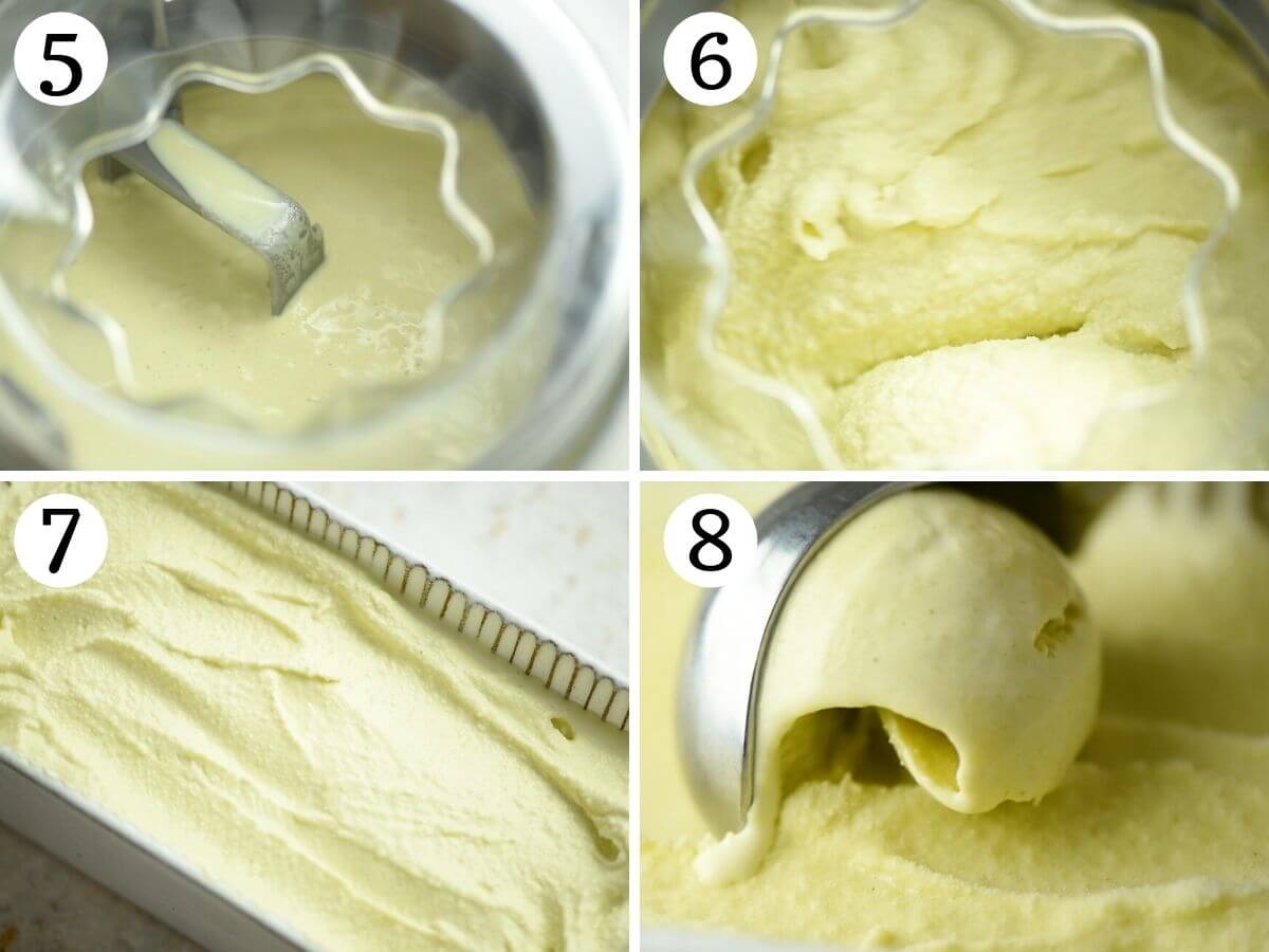 Step by step photos showing how to churn pistachio ice cream