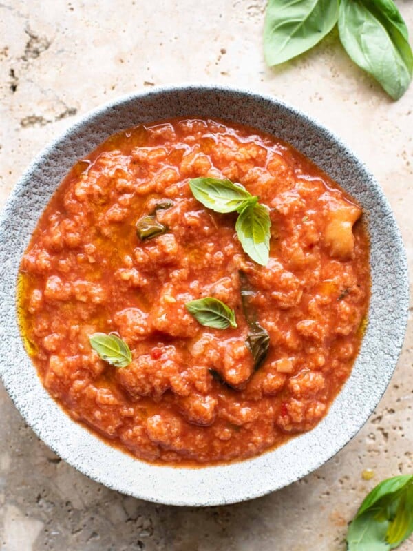 An overhead shot of a bowl of Pappa al Pomodoro Italian bread soup