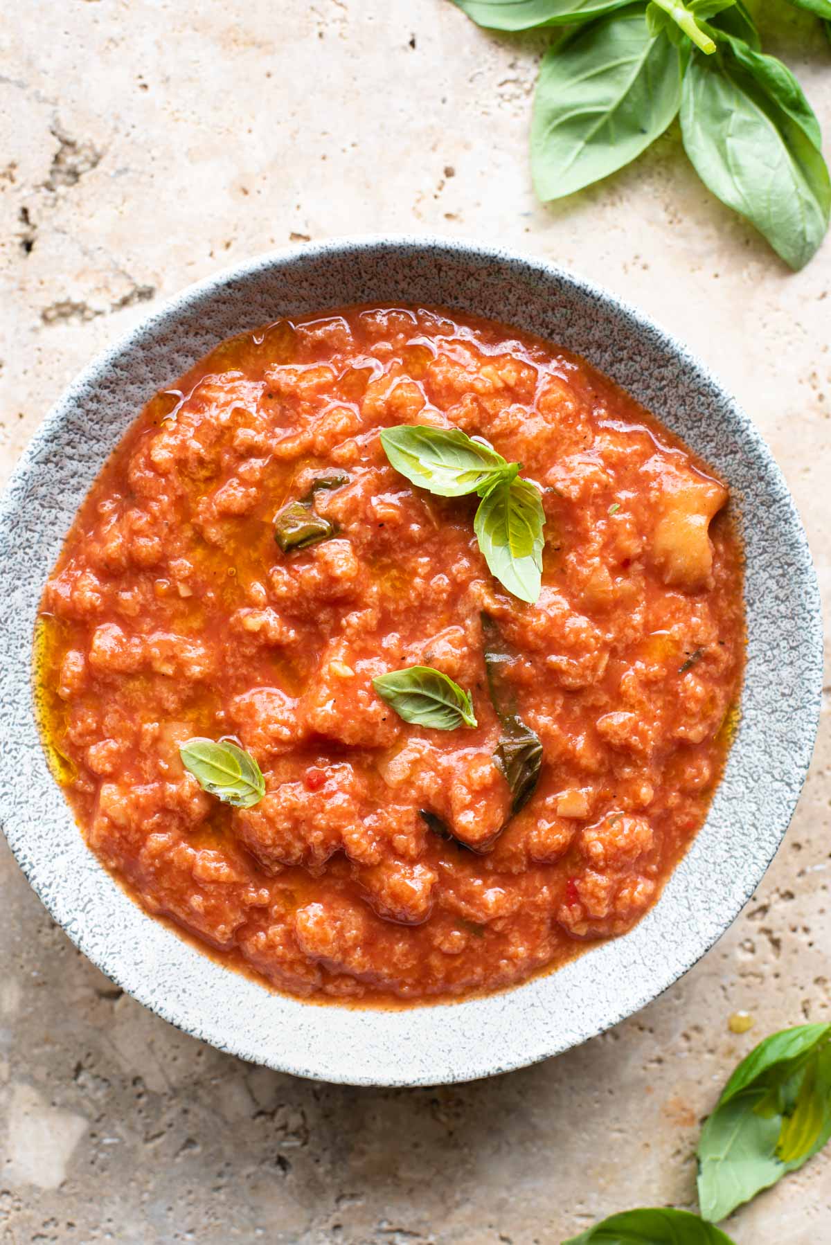 An overhead shot of a bowl of Pappa al Pomodoro Italian bread soup