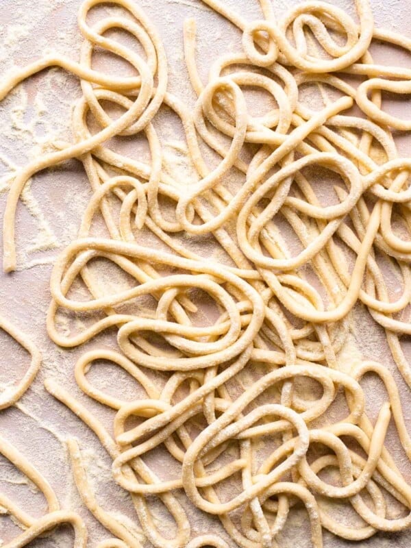 An overhead shot of homemade pici pasta