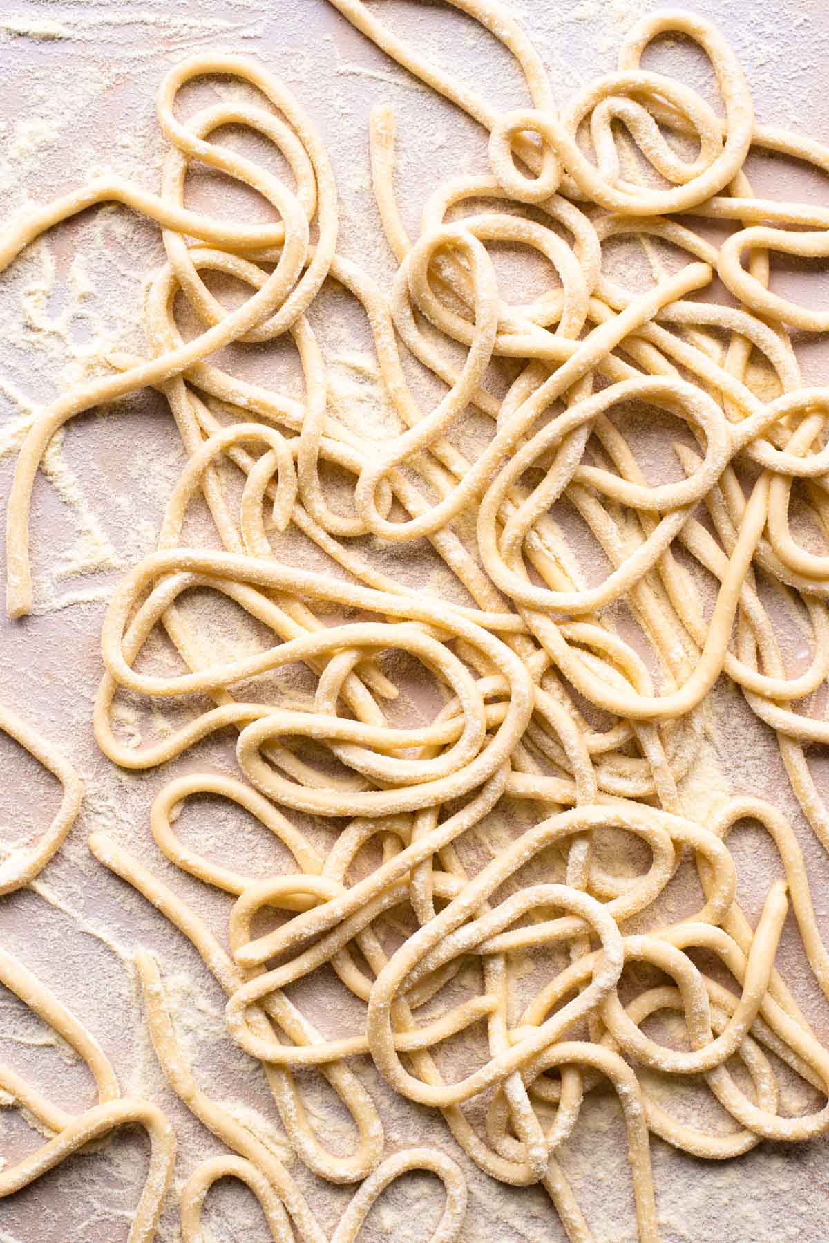 An overhead shot of homemade pici pasta