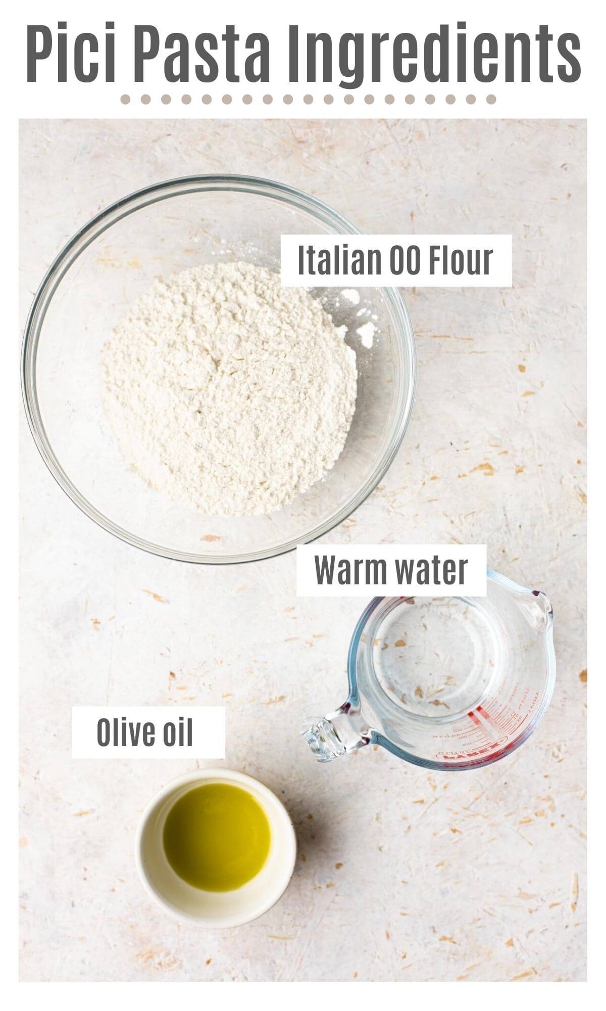 An overhead shot of all the ingredients you need to make pici pasta