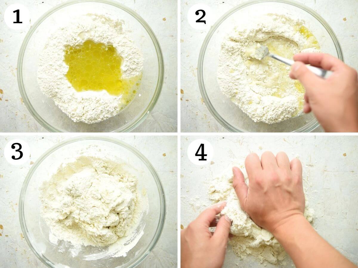 Step by step photos showing how to make pici pasta dough