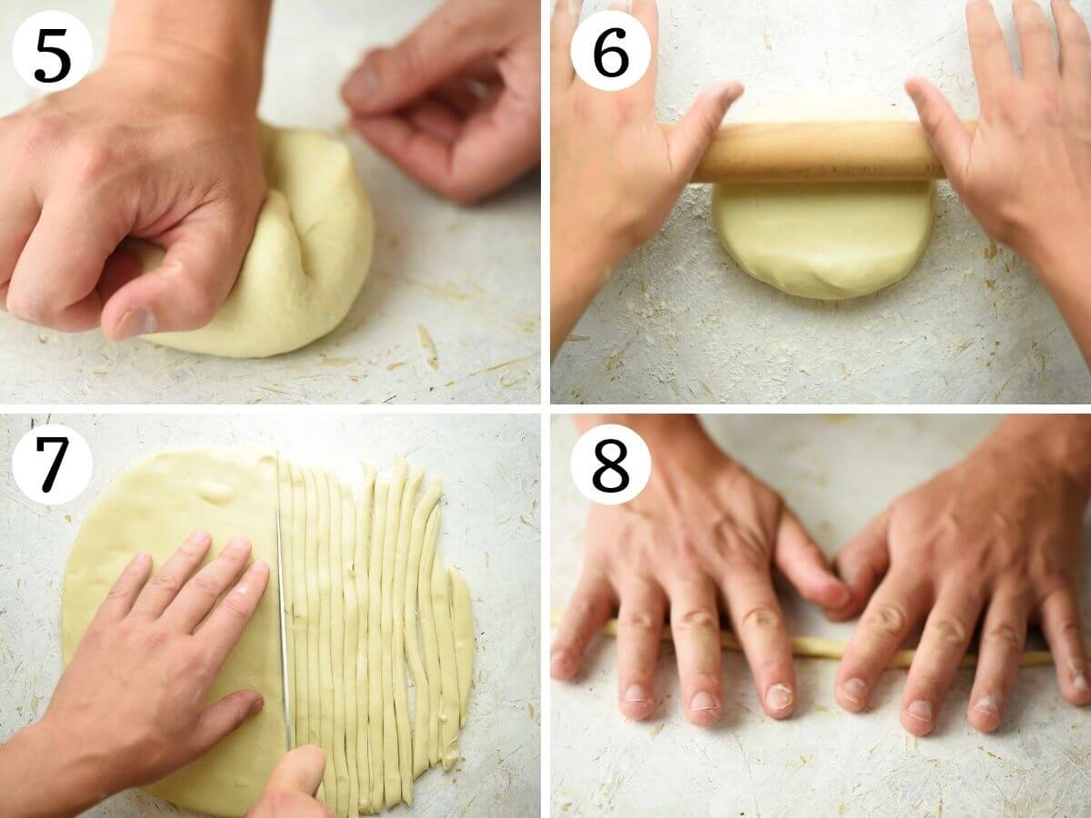 Step by step photos showing roll out pici pasta