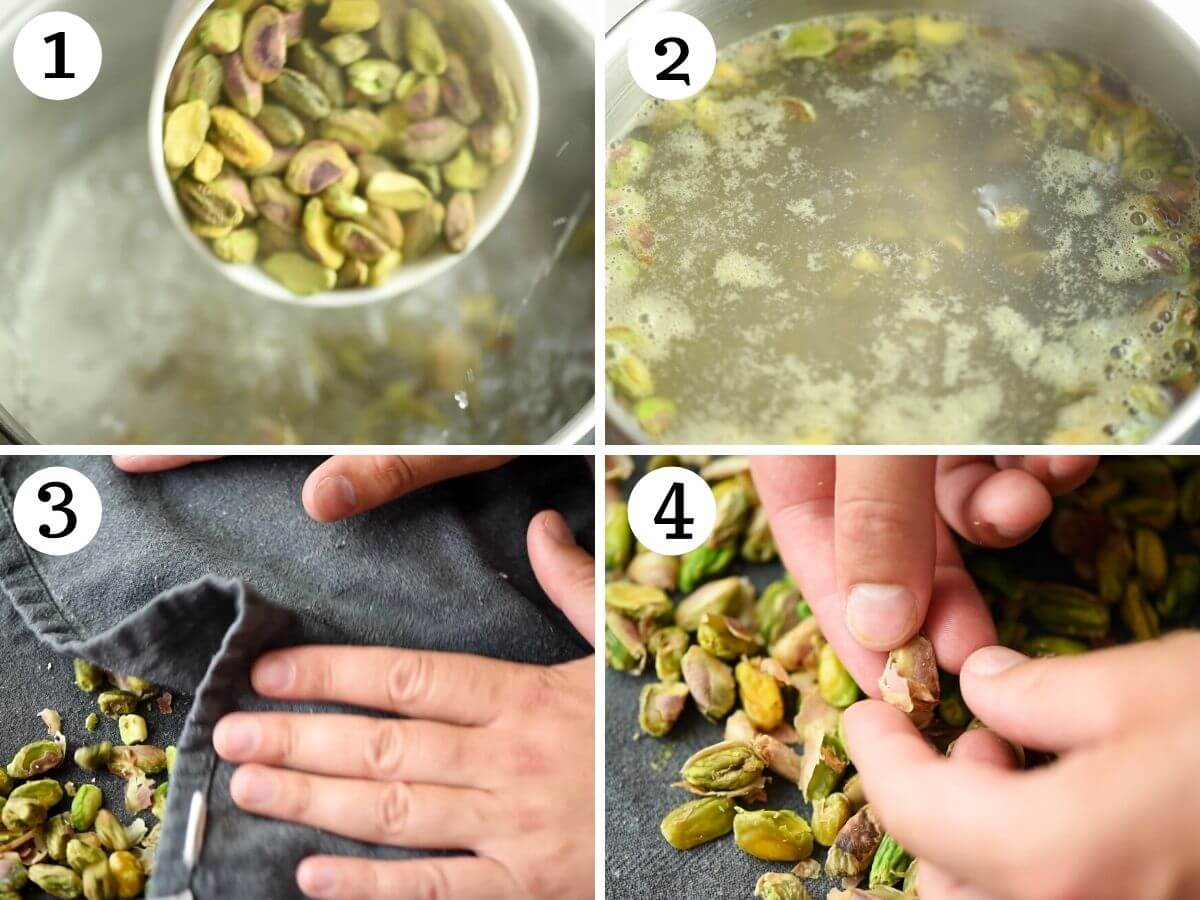 Step by step photos showing how to prepare pistachio and remove the skins