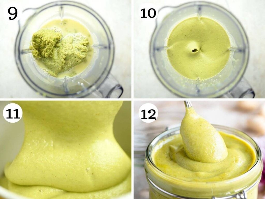 Step by step photos showing how to blitz pistachio cream for the perfect consistency