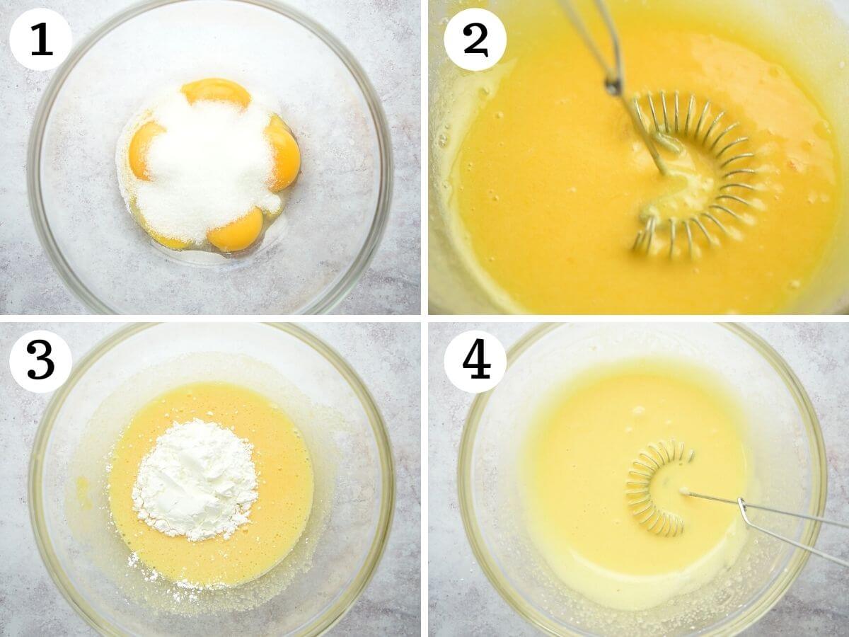 Step by step photos showing how to combine egg yolks, sugar and cornstarch