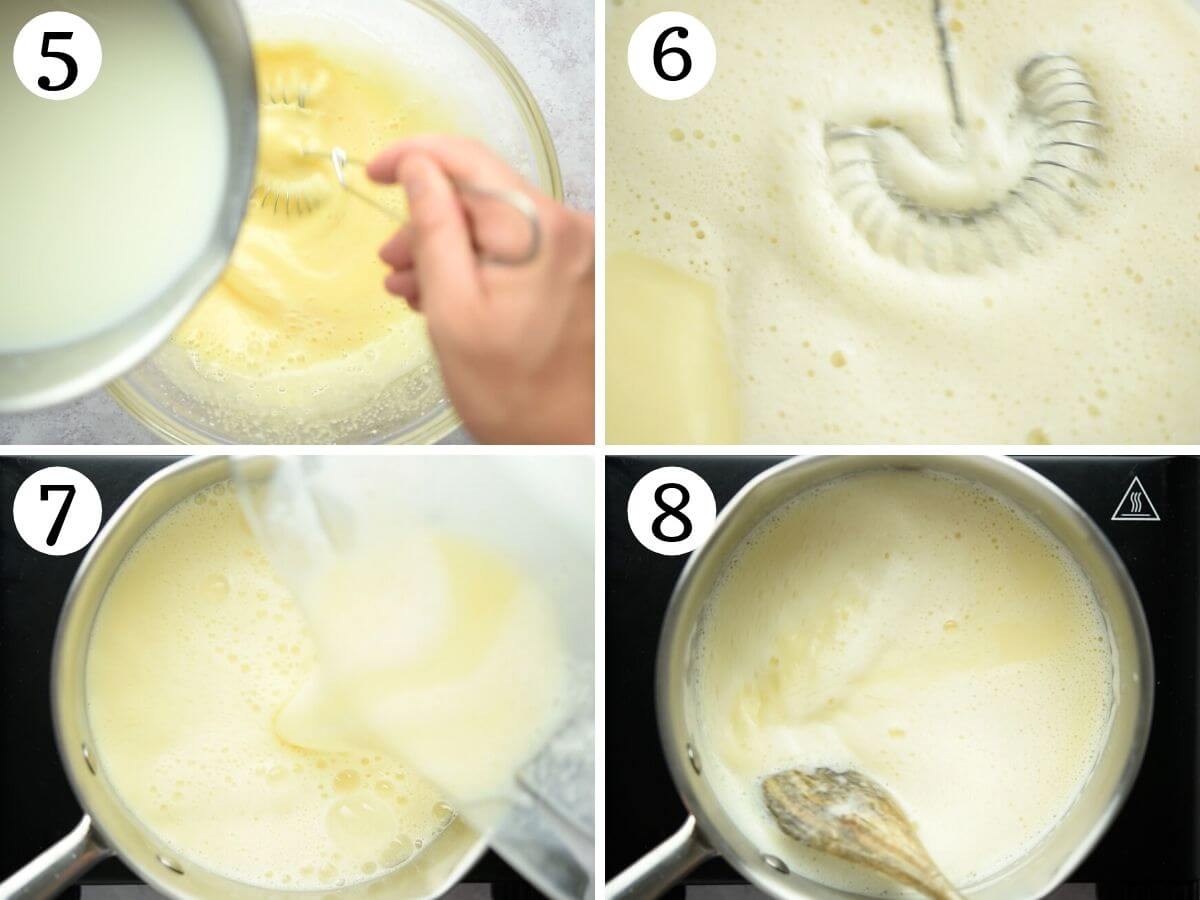 Step by step photos showing how to temper eggs with hot milk
