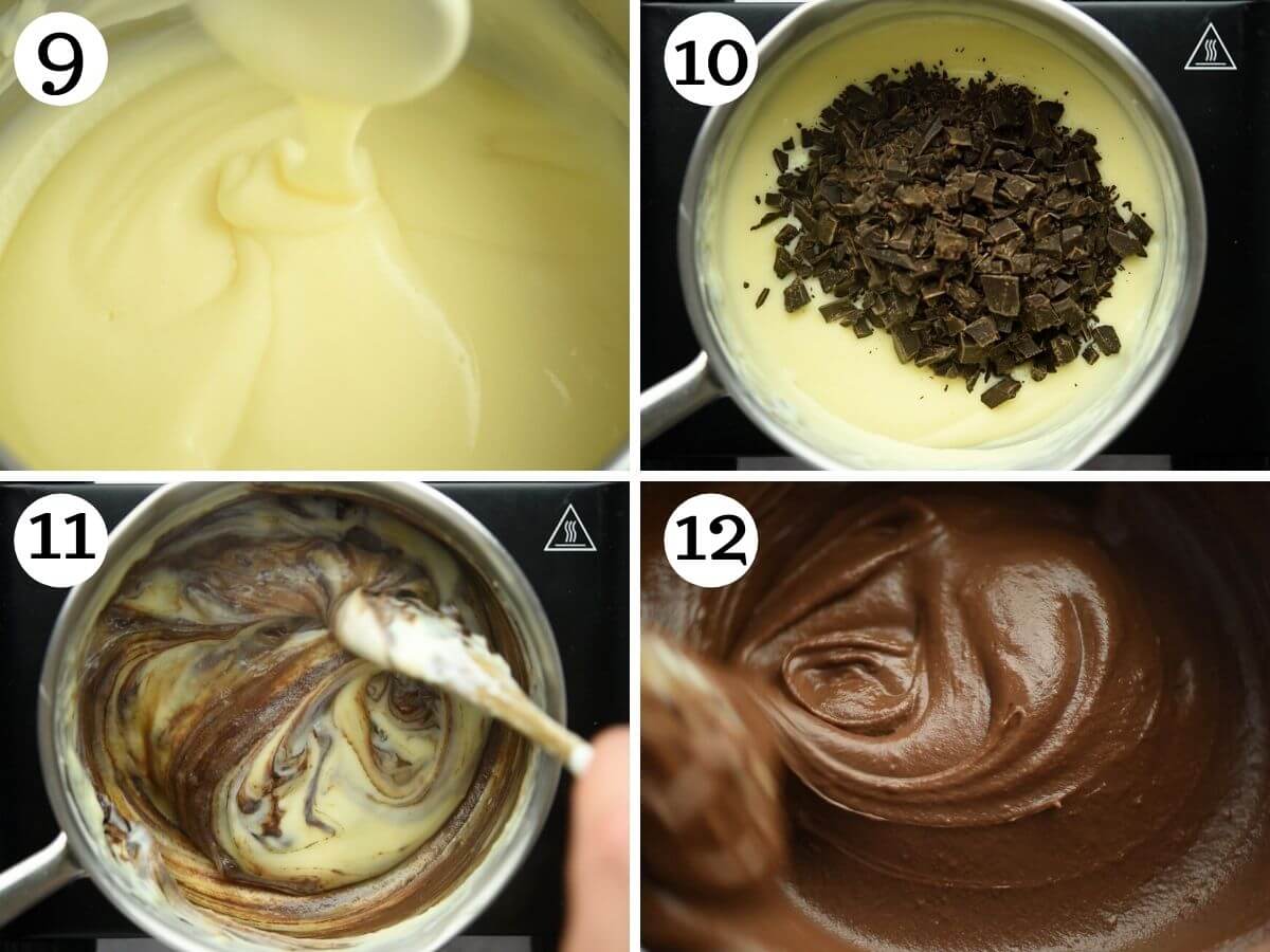 Step by step photos showing how to make chocolate pastry cream