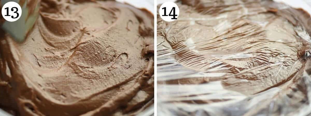 Two photos showing showing how to store chocolate pastry cream